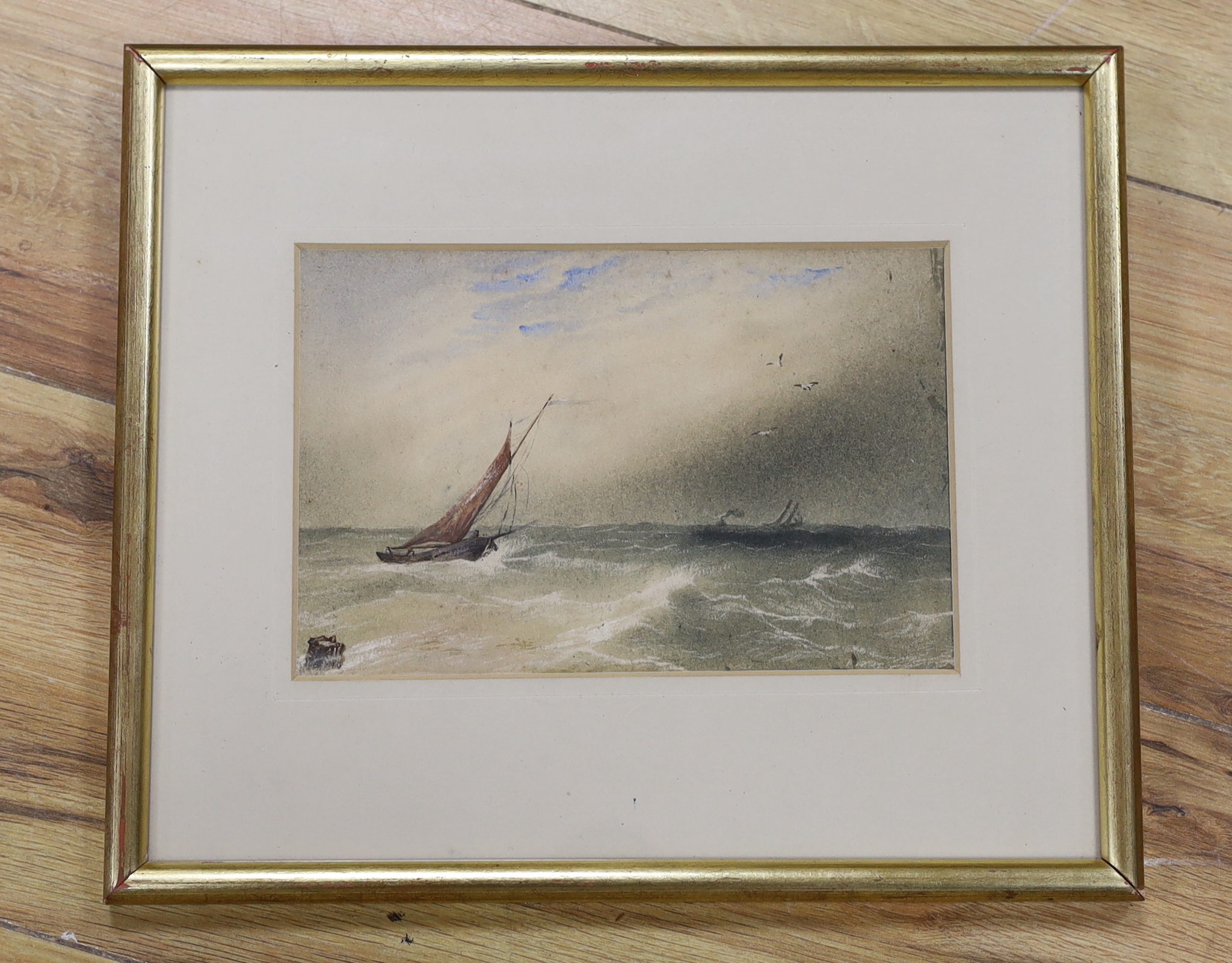 Attributed to Anthony Copley Fielding (1787-1855) watercolour, Shipping in rough seas, details verso, 19.5cm x 13cm